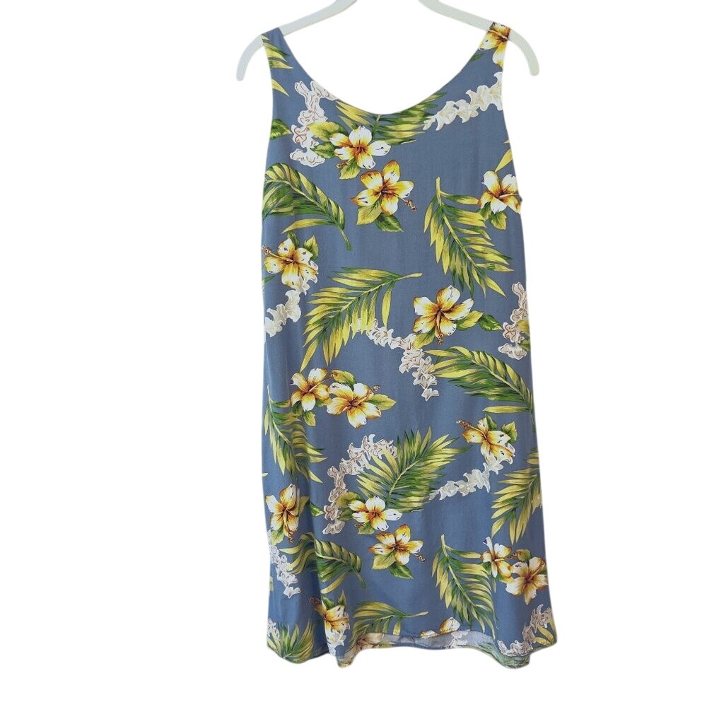 Vintage Two Palms Tuberose Blue Hawaiian Floral Sleeveless‎ Shift Dress SizeL